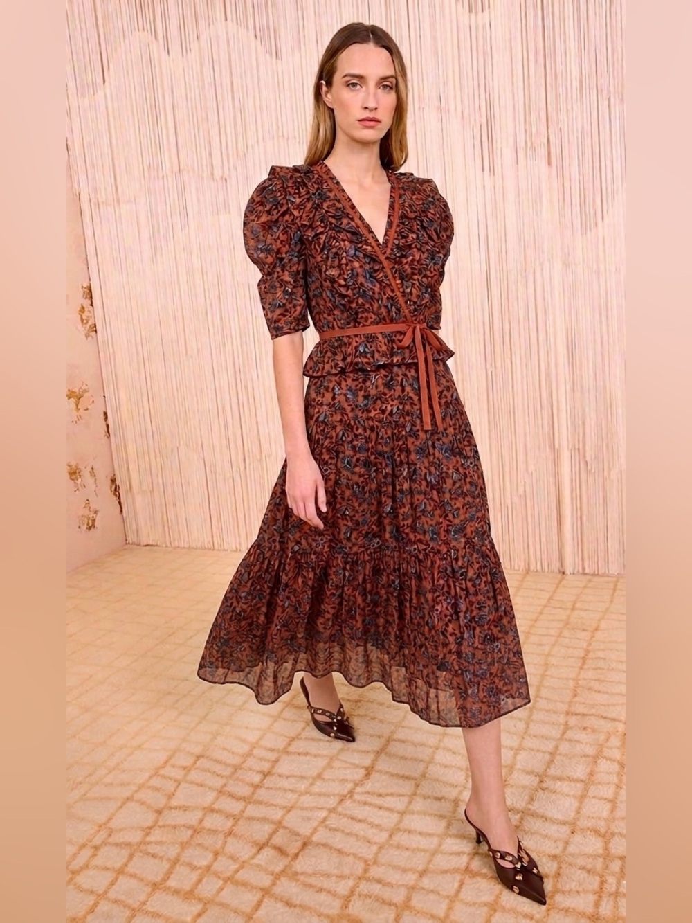 ULLA JOHNSON  ✨Lisette V-Neck
Floral Cotton Tiered Midi Wrap
Dress Rosewood